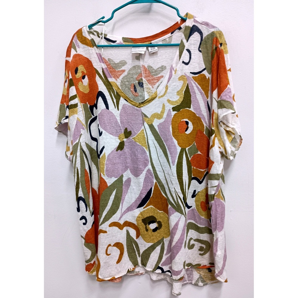Rachel Zoe BOHO Coastal T-Shirt Womens 2X Floral Linen V-Neck Short Sleeve Top